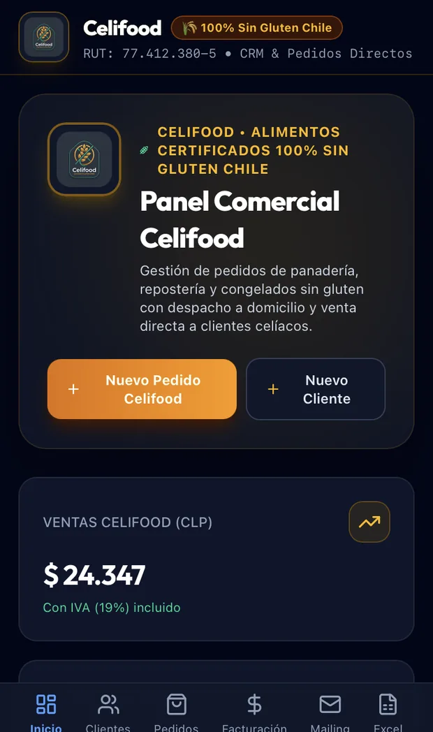 Panel comercial del CRM en el teléfono, con ventas del mes y botones de nuevo pedido y nuevo cliente
