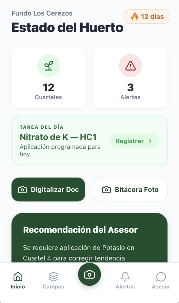 Pantalla de CultivandoTec con el estado del huerto, la tarea del día y las alertas