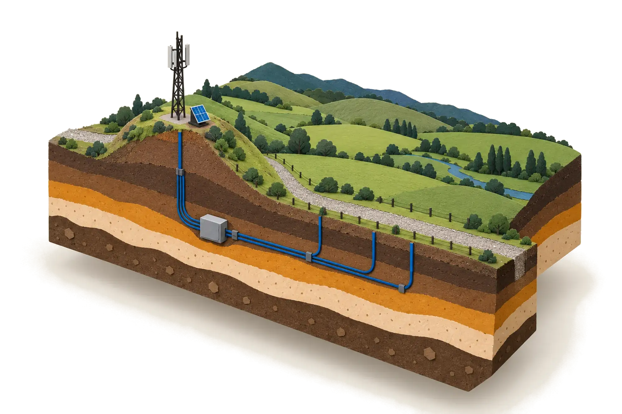 Ilustración de una red de sensores y fibra bajo tierra que conecta una torre de comunicación en una zona rural sin señal