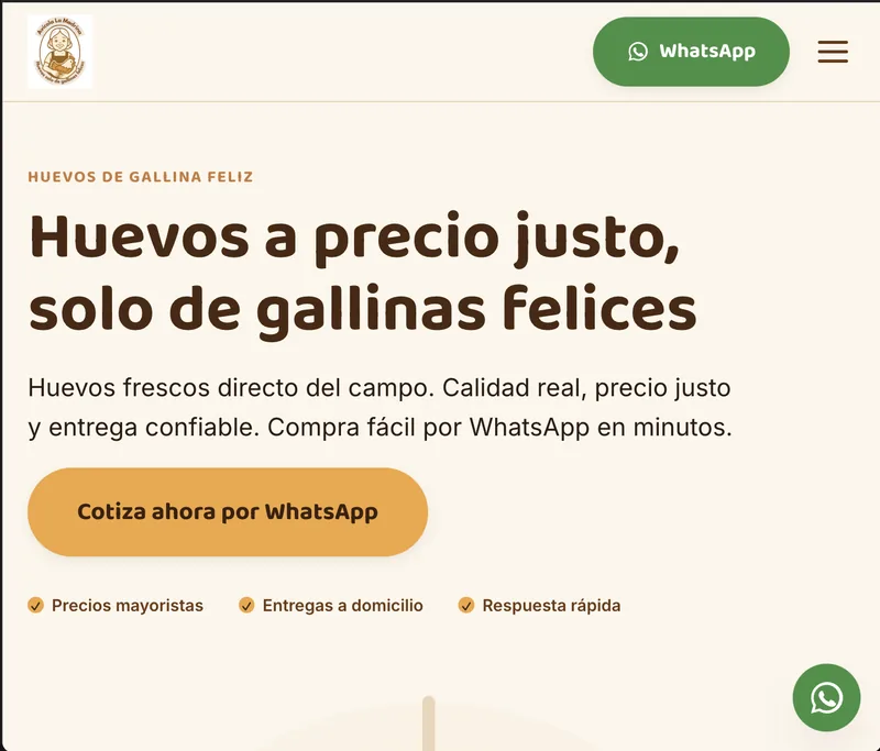 Portada del sitio del plantel avícola con su botón de pedidos por WhatsApp
